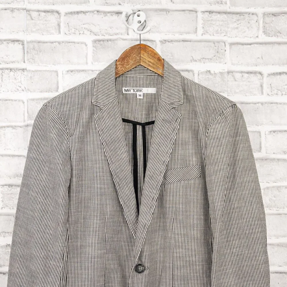 MR TURK Men's 2 button Blazer Jacket white gray striped Cotton size 36